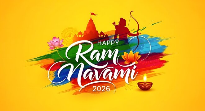 Happy ram navami 2026 greeting card with lord rama silhouette and colorful brush strokes
