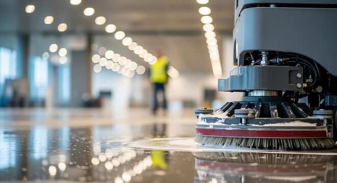 Industrial floor cleaning machine in action, cleaning a large commercial space with a person in the background wearing a yellow safety vest