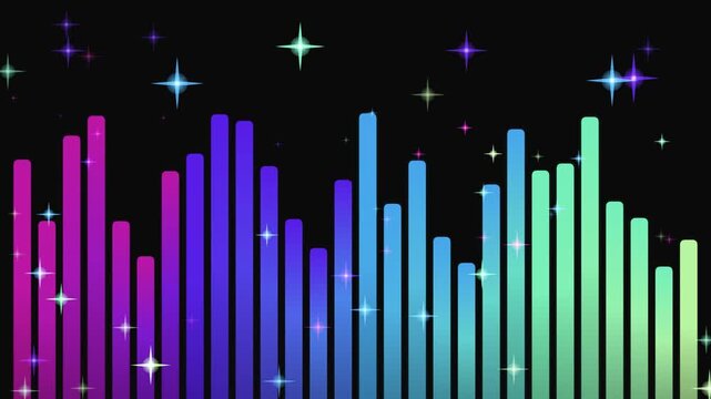 Neon Colorful Equalizer Bars with Sparkling Stars on Dark Abstract Music Background