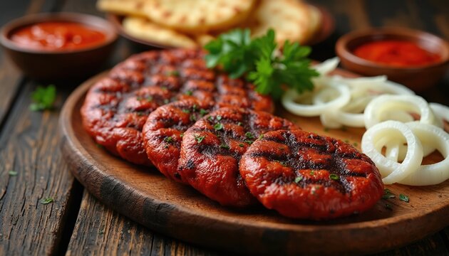 Grilled Serbian pljeskavica served on wooden plate with flatbread. Fresh onions and parsley garnish accompany the meat patties. Red pepper ajvar dip is also on the table.