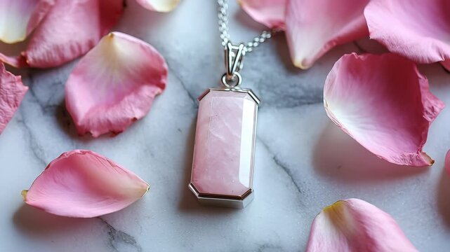 Elegant Rose Quartz Pendant Surrounded by Pink Rose Petals on Marble Surface
