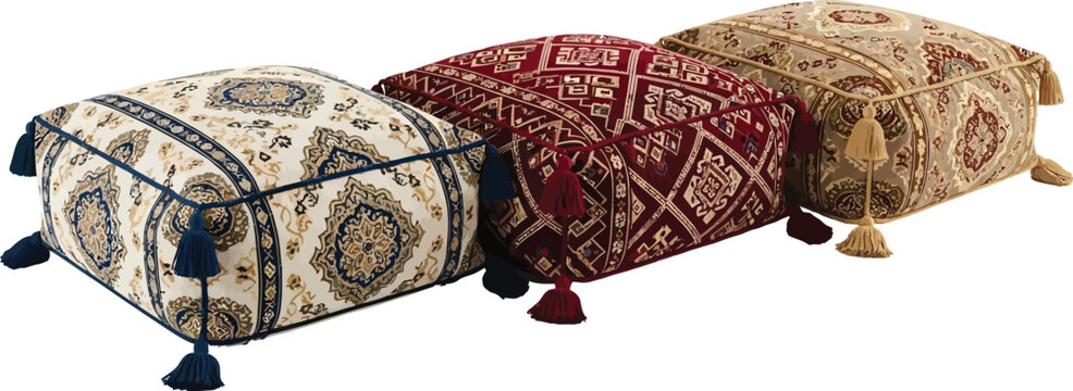Set of three traditional patterned poufs for home decor illustration vector graphic