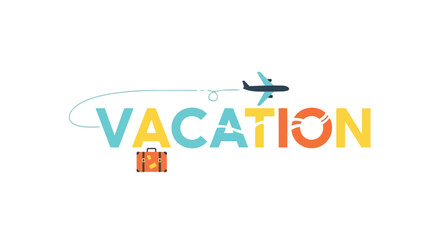 Vibrant graphic artfully spelling VACATION incorporating symbols of a flying airplane a suitcase and a lifebuoy perfect for evoking travel holidays