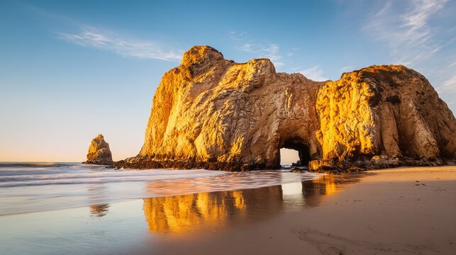 archway. Coastal cliff archway eroded by waves, dramatic rock formation at golden hour. travel magazines, destination branding, designed for outdoor magazines and nature guides.