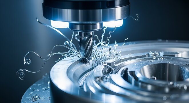 Macro close up of CNC milling machine cutting metal part with shavings, modern industrial manufacturing and precision engineering technology concept