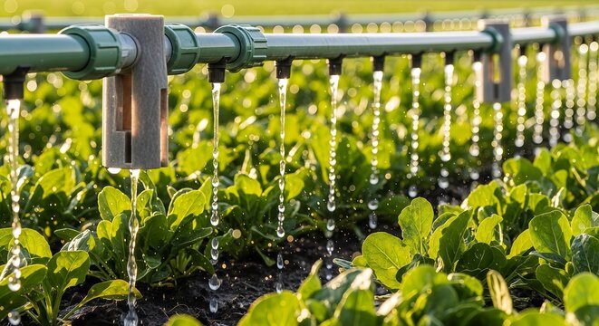 Macro close up of smart drip irrigation system watering green leafy crop field, precision agriculture and water conservation farming technology concept with golden sunlight bokeh