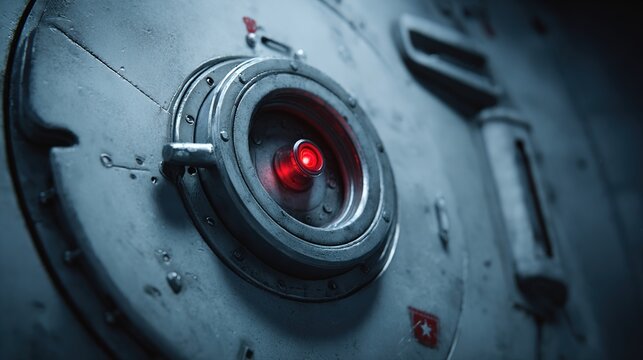 rotational. A large circular metal hatch on a spacecraft bulkhead with a red warning light and handle. product launch decks, UI/UX mockups, designed for product launches and innovation pitches.