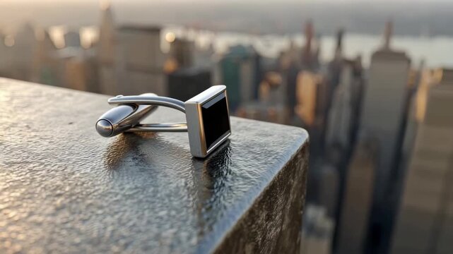 Silver Cufflink on Edge of Rooftop Overlooking City Skyline During Golden Hour Light