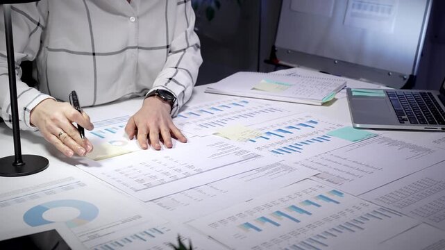 Financial advisor examining business reports and charts, analyzing data, planning investments, and preparing forecasts on a cluttered office desk in a late night work environment