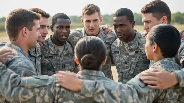 Multiethnic military unit in uniform standing in a circle huddle for peer support and teamwork