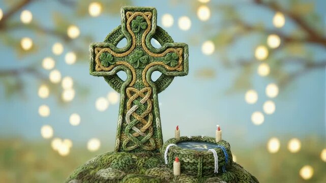 Knitted celtic cross with well and candles at night. Saint Patrick Day religion and celebration concept. Green celtic patterns.