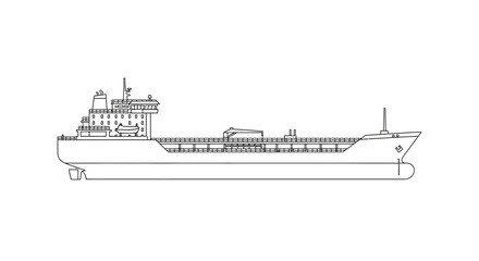 Fototapeta premium Detailed line drawing of a large cargo ship or oil tanker, showing its full broadside profile and deck structures.
