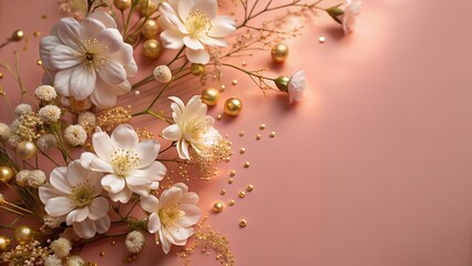Elegant white flowers with gold accents on soft pink background