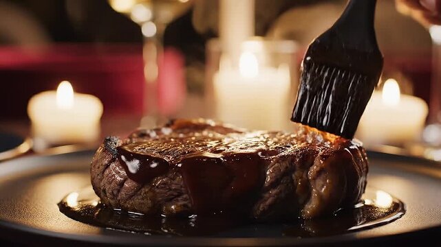 Closeup of a delicious steak being basted with sauce creating a mouthwatering culinary experience perfect for a romantic dinner or special occasion.