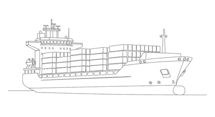 Obraz premium Line art illustration of a large cargo container ship sailing on the water, depicted from a side view.