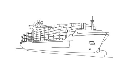 Obraz premium A detailed line drawing of a large container ship loaded with many cargo boxes, viewed from the front-side.
