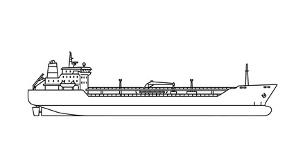Obraz premium A detailed black and white line drawing of a large cargo ship, specifically a tanker, viewed from its port side.