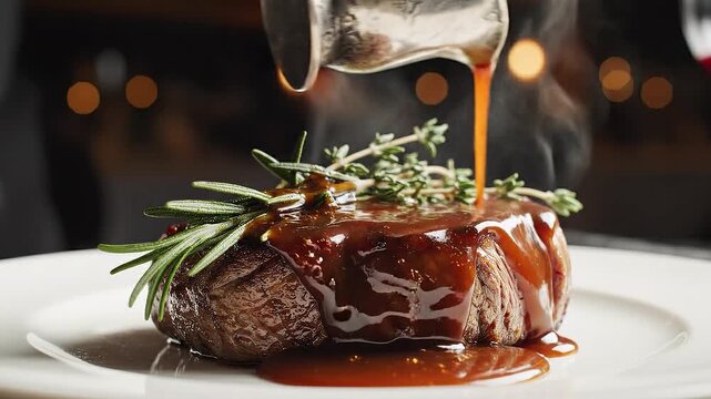 Closeup of a perfectly cooked filet mignon steak being drizzled with a rich sauce garnished with fresh rosemary and thyme served on a white plate in a restaurant setting.