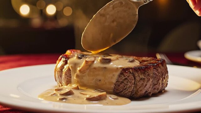 Closeup of a perfectly cooked filet mignon steak being drizzled with a creamy mushroom sauce showcasing a gourmet dining experience.