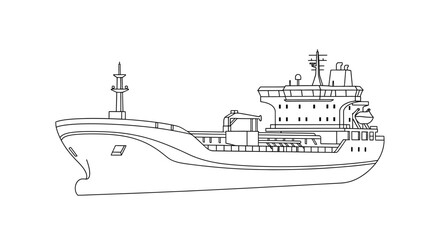 Obraz premium A detailed line drawing of a large cargo ship, likely a tanker, viewed from the side.