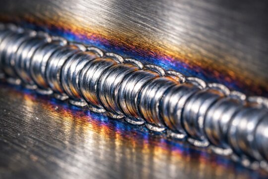 Stainless steel weld bead showing heat tint on metal surface