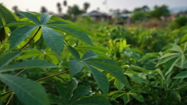 A serene close-up captures vibrant green foliage swaying gently in a natural outdoor setting, bathed in soft daylight. The distinctive palmate leaves, showcasing intricate veins and a lush, healthy ap