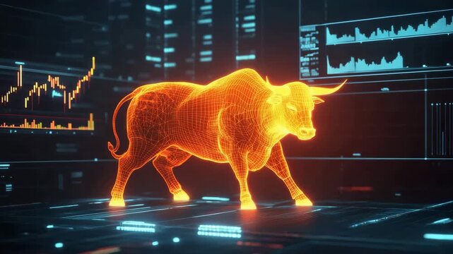 Glowing orange bull silhouette against financial data screens.