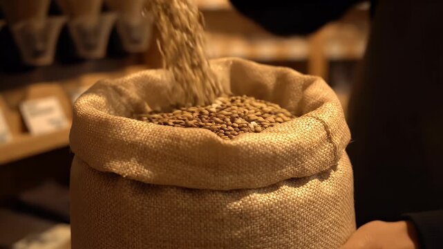 Cinematic still of a burlap sack filled with grains being poured into it, with a warm mood, in a rustic setting, evoking a sense of cyberpunk ramadan.