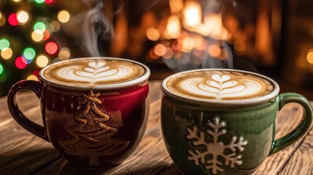 Two steaming lattes with festive designs resting on wooden surface before warm fireplace and holiday lights