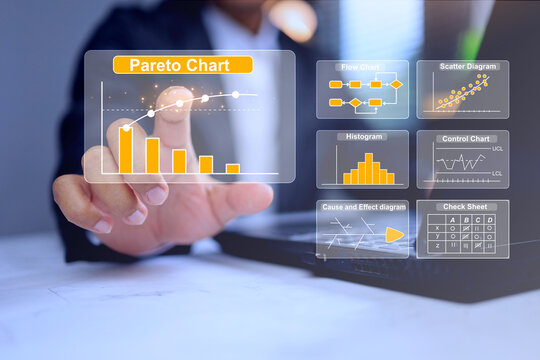 Quality control tool analysis or QC 7 tools concept with businessman pointing on pareto chart represents monitoring problem aim to root cause 80 result 20 percent for save time to finding a problem