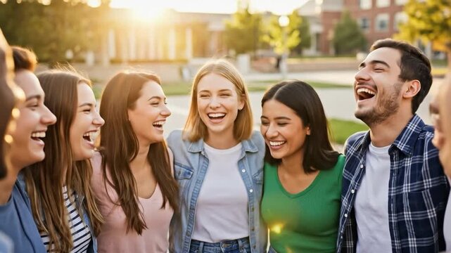 Diverse University Students in Huddle, Peer Support Group on Campus Outdoors