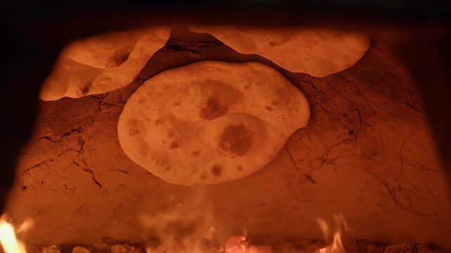 Cinematic view of flatbreads baking in a fiery oven during Ramadan Kareem, with warm lighting and a cyberpunk-inspired ambiance.