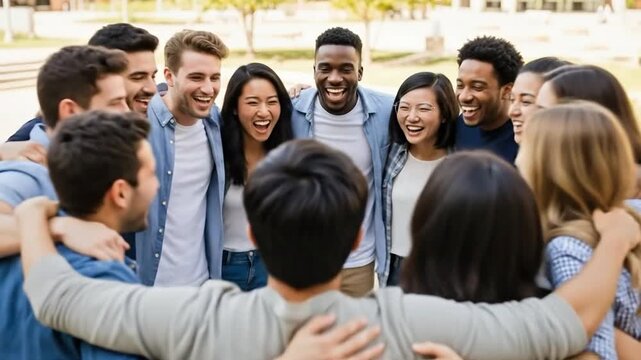 Diverse University Students Huddle in Circle for Peer Support Group Outdoors