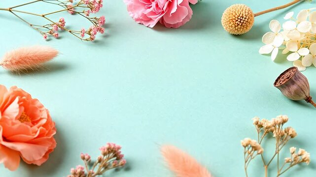 Dried flowers and botanical elements on blue