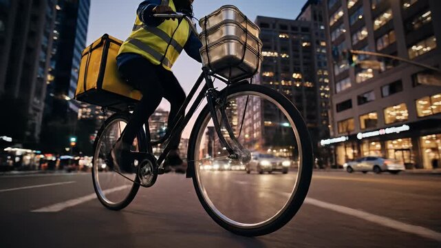 A cyclist in a yellow safety vest rides through a city intersection at dusk with a delivery bag, conveying a sense of urban movement and cinematic ramadan kareem spirit.