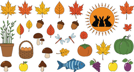 Autumn Nature Elements Collection with Fall Leaves, Mushrooms, Pumpkin, Fish, and Fruits Illustration Set for Seasonal Design and Harvest Decorations © Sohel