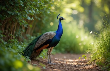 Obraz premium Magnificent blue peacock stands on forest path. Bird has iridescent feathers and elegant crest. Green plants and sunlight create natural ambiance. Peaceful wildlife scene.