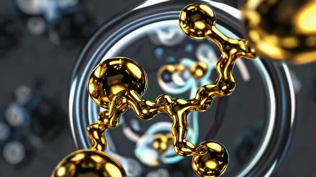 3D visualization of gold peptide molecules and bubbles, ideal for cosmetic or skincare science backgrounds.