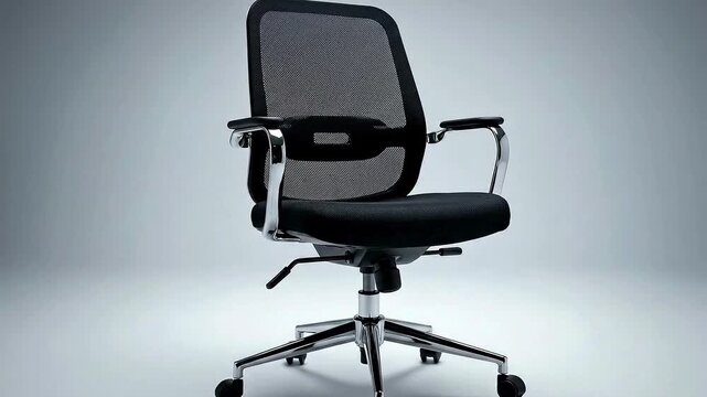 A modern office chair with a mesh backrest is shown in a video showcasing its sleek design and functionality