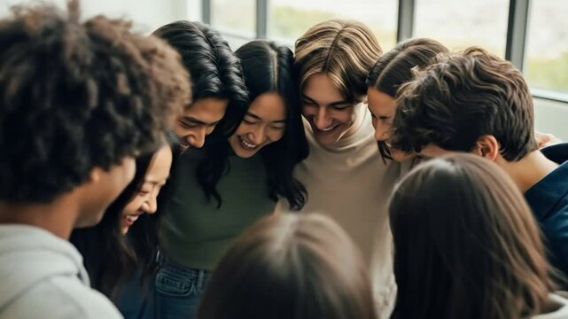 Diverse group of young adults in a supportive mental health peer support circle huddle