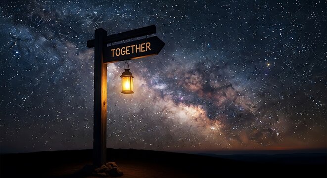 A glowing lantern illuminates a 'TOGETHER' signpost under a vast, star-dusted night sky, symbolizing unity, common purpose, and a shared journey together.