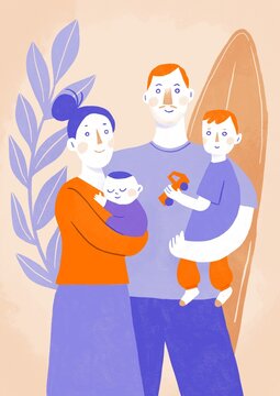 Illustrated Family Portrait, Mother, Father, Toddler, and Baby