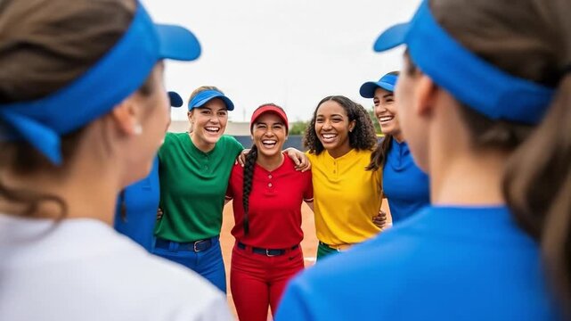 Multicultural young women in colorful jerseys laughing during a sports team huddle
