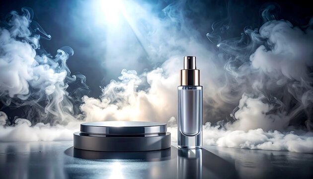 A clear cosmetic bottle sits on a minimalist black stage, bathed in a celestial light amidst billows of smoky, atmospheric fog