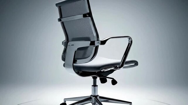 A sleek office chair with a mesh backrest is positioned against a plain gray background in this video.