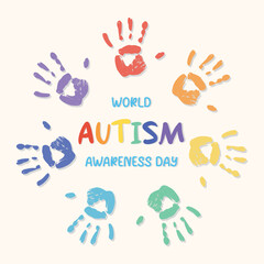 Square card World Autism Awareness Day Colorful rainbow handprints symbolize diversity inclusion acceptance Suitable posters Social media Charity campaigns Educational materials Kids content events