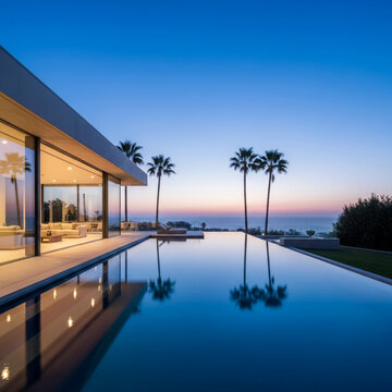 Moderne Luxusvilla mit Infinity-Pool und Palmen bei Sonnenuntergang und Spiegelung im Wasser