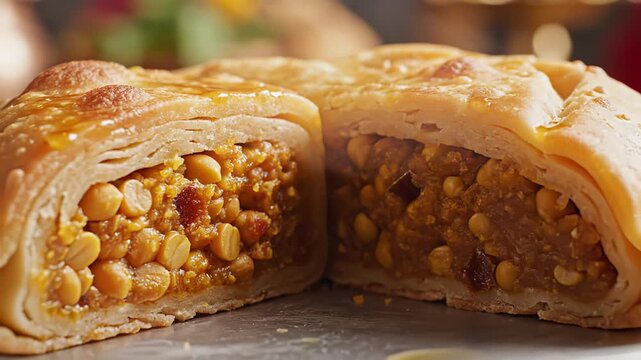 Close Up of a Delicious Savory Tart Cut in Half Showing a Filling of Legumes and Spices