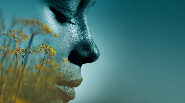 Extreme macro detail of a woman's profile silhouette revealing a vibrant double exposure of a childhood meadow