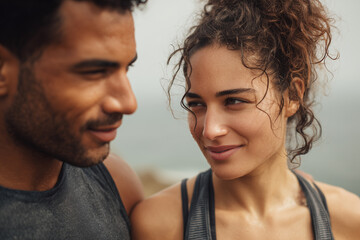 candid medium close-up portrait of a sweaty Latino man and Middle Eastern woman in athletic wear sharing a tired happy glance on a coastal path against a blurred blue ocean background 